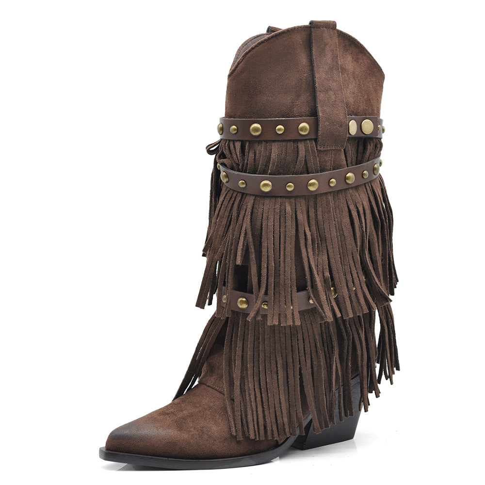 Stivali Texani Donna Western con Borchie e Frange Rimovibili a 3 Strati Tacco Medio nero marrone khaki
