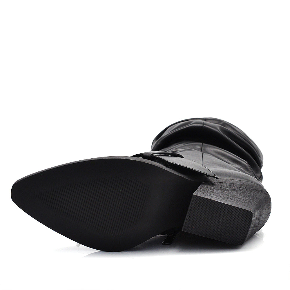 Stivali Texani Western alti donna con punta affusolata e gambale arricciato tacco a cono e cinturino largo rimovibile GA043 nero