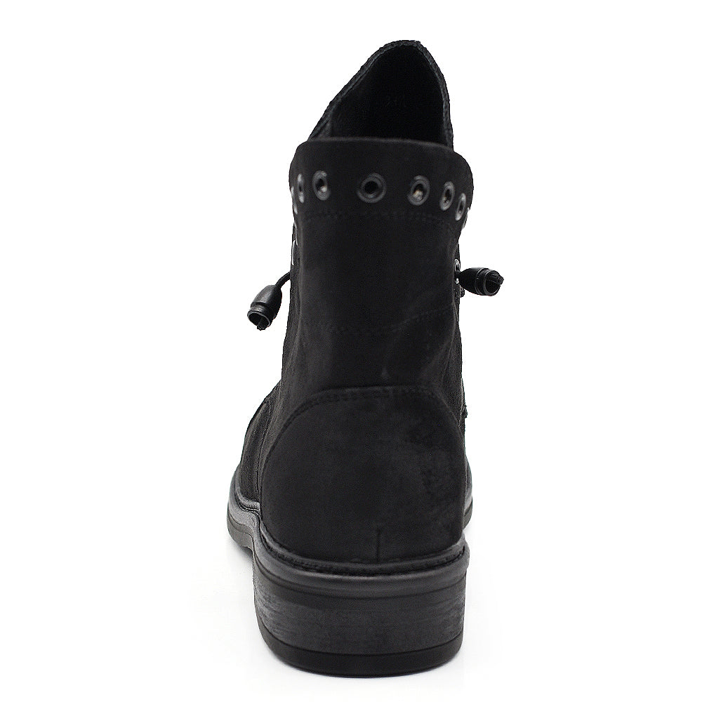 Anfibi Donna Biker Effetto Scamosciato con Strass, Tronchetti con Lacci Elastici, Punta Rinforzata