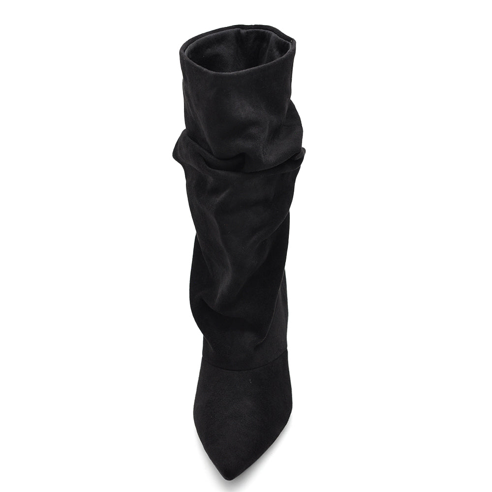 Stivali al polpaccio da donna scamosciato con tacco basso a spillo gattina KITTEN HEELS arricciato elegante e confortevole R707
