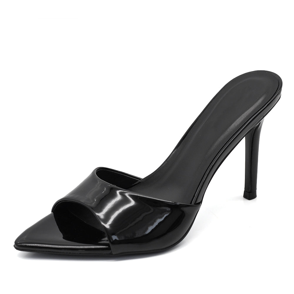 Sandali sabot donna in vernice lucida con tacco stiletto e punta affusolata