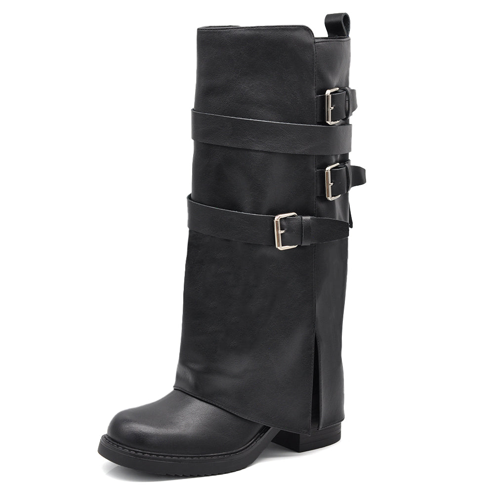 Stivali Biker Donna con Ghette, Fibbie Laterali e Tacco Largo, Modello Comodo dal Look Rock e Casual Chic