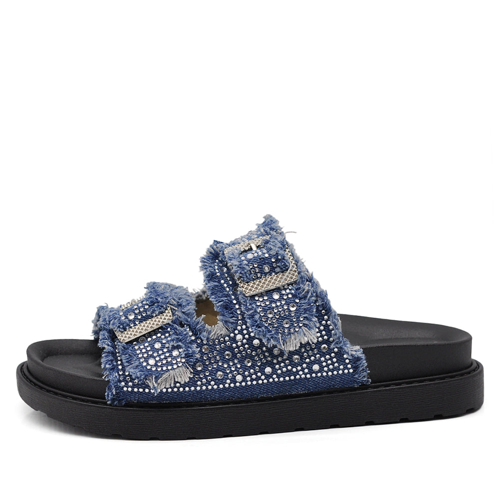Sandali Donna Denim con Strass e Doppia Fibbia, Ciabatte Estive Casual con Plantare Ergonomico e Supporto Arco, Sandali Moda Comodi