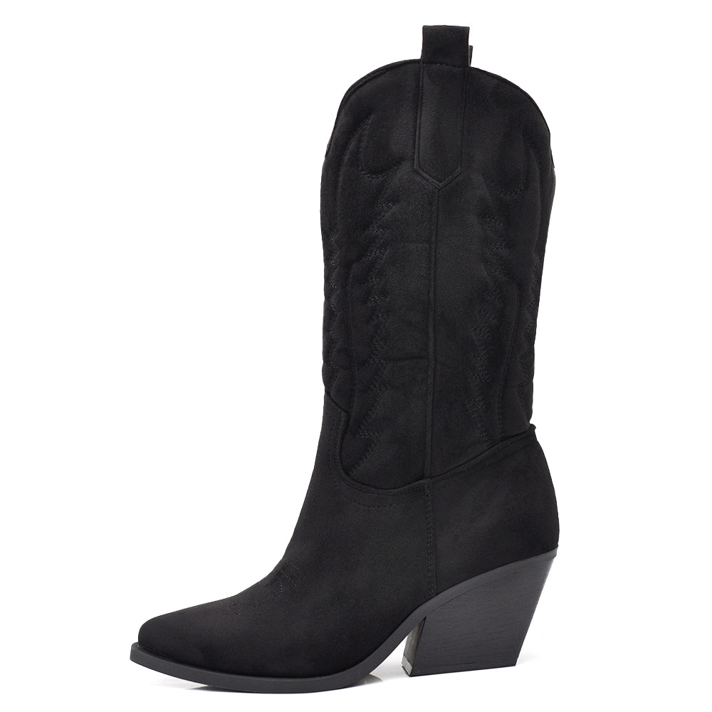 Stivali Texani Donna al Ginocchio con Tacco Largo – Stivali Western Eleganti in Camoscio Sintetico