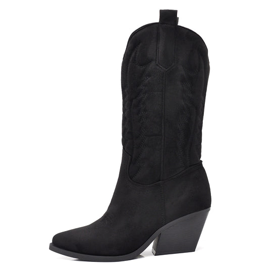 Stivali Texani Donna al Ginocchio con Tacco Largo – Stivali Western Eleganti in Camoscio Sintetico