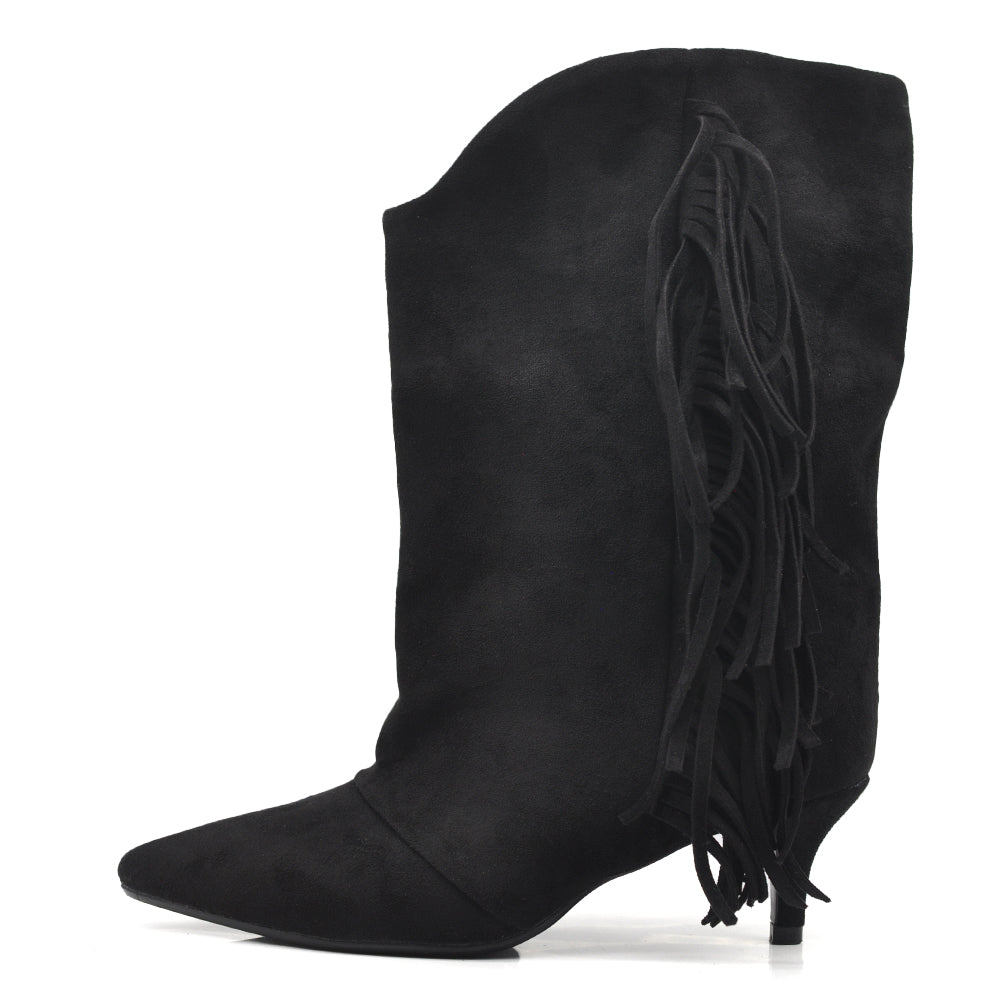 Stivali Donna Western con Frange e Gambale Largo – Stivaletti Texani Casual Tacco Medio GA055 nero marrone beige