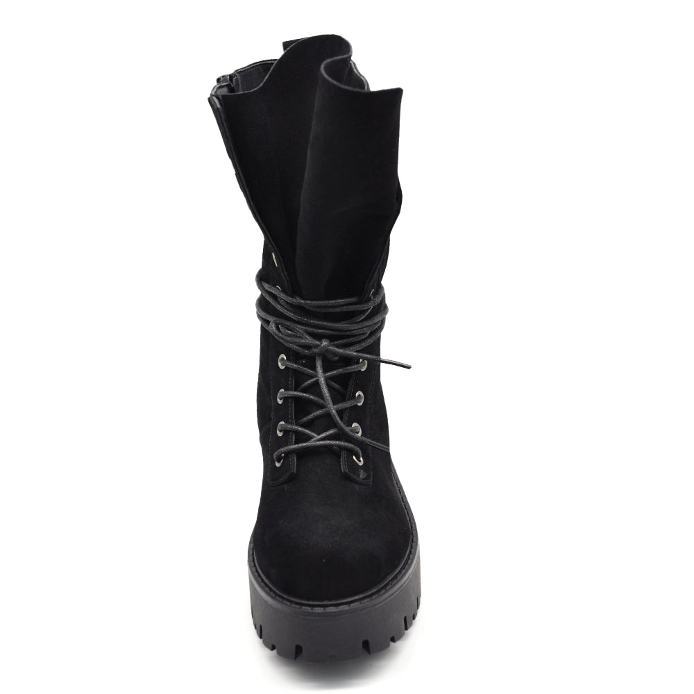 Stivali Anfibi Donna Platform con Lacci, Maxi Linguetta e Tasca Decorativa – Stivaletti Combat Casual con Suola Carrarmato 750