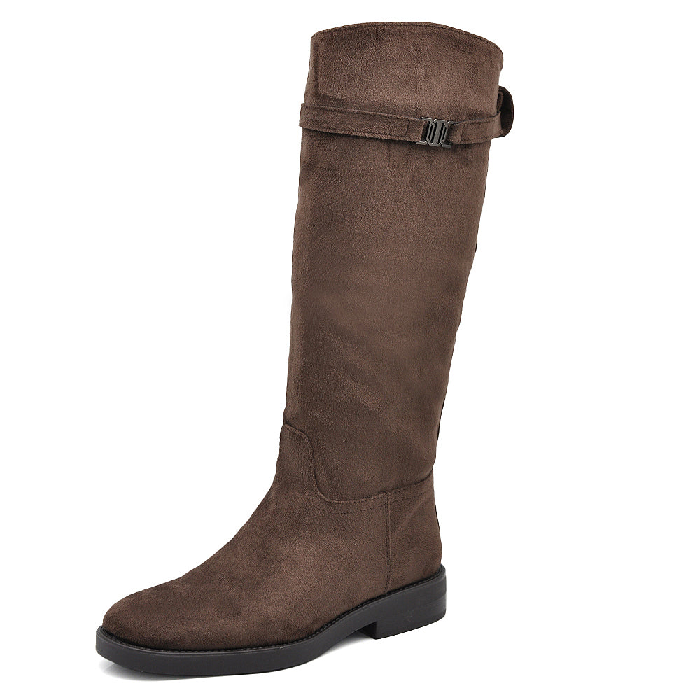 Stivali Cavallerizzi Donna Alti con Cinturino Decorativo e Zip Laterale – Stivali Riding Tacco Basso