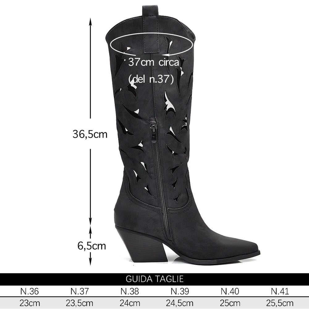 Stivali Alti Primaverili Texani Donna Traforati al Ginocchio – Stivaletti Western con Tacco Medio