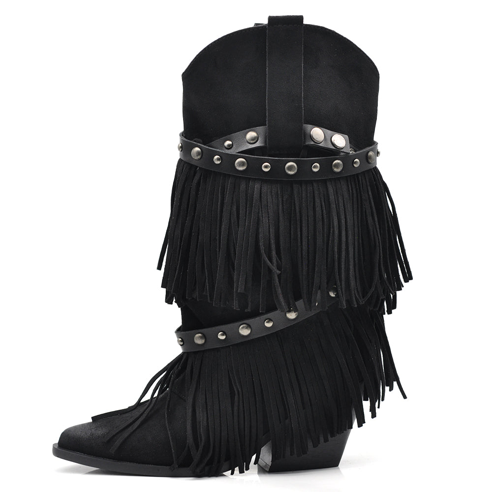 Stivali Texani Donna Western con Borchie e Frange Rimovibili a 3 Strati Tacco Medio nero marrone khaki