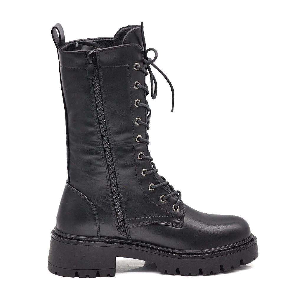 Stivali Anfibi Donna Alti Stringati con Suola Carrarmato e Zip Laterale – Combat Boots Biker