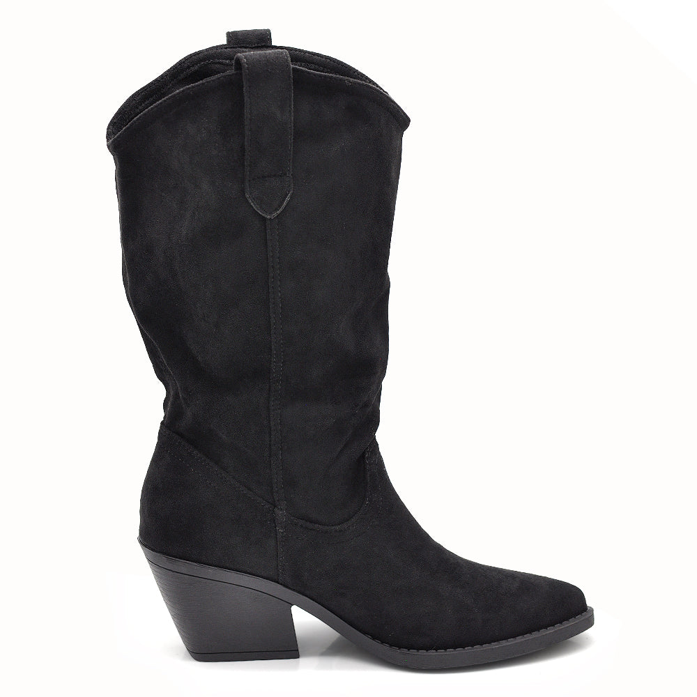 Stivali Texani Donna Camperos Slouchy Morbidi Arricciabili in Effetto Scamosciato con Tacco Largo e Punta Affusolata K0136