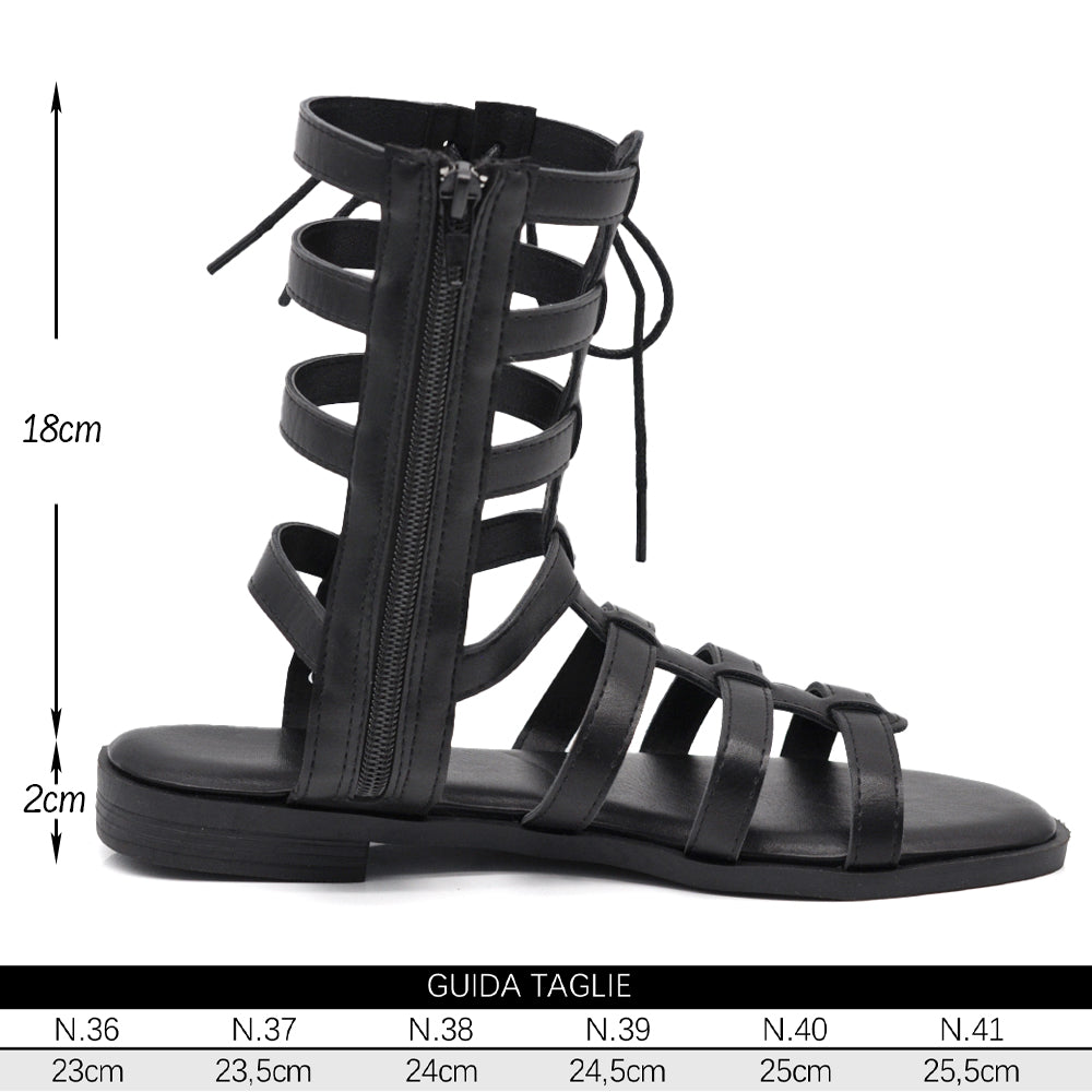 Sandali Gladiatore Bassi Donna alla Schiava con Lacci e Zip, Stivali Estivi