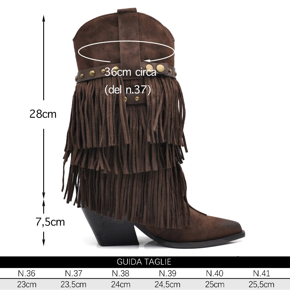 Stivali Texani Donna Western con Borchie e Frange Rimovibili a 3 Strati Tacco Medio nero marrone khaki