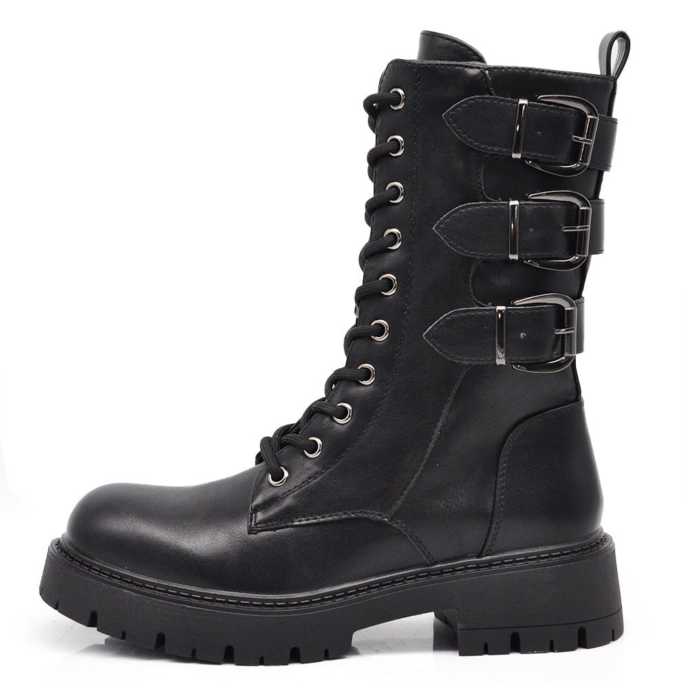 Stivali da donna stile combat con lacci multi fibbie look punk/gotico casual RQY148 nero
